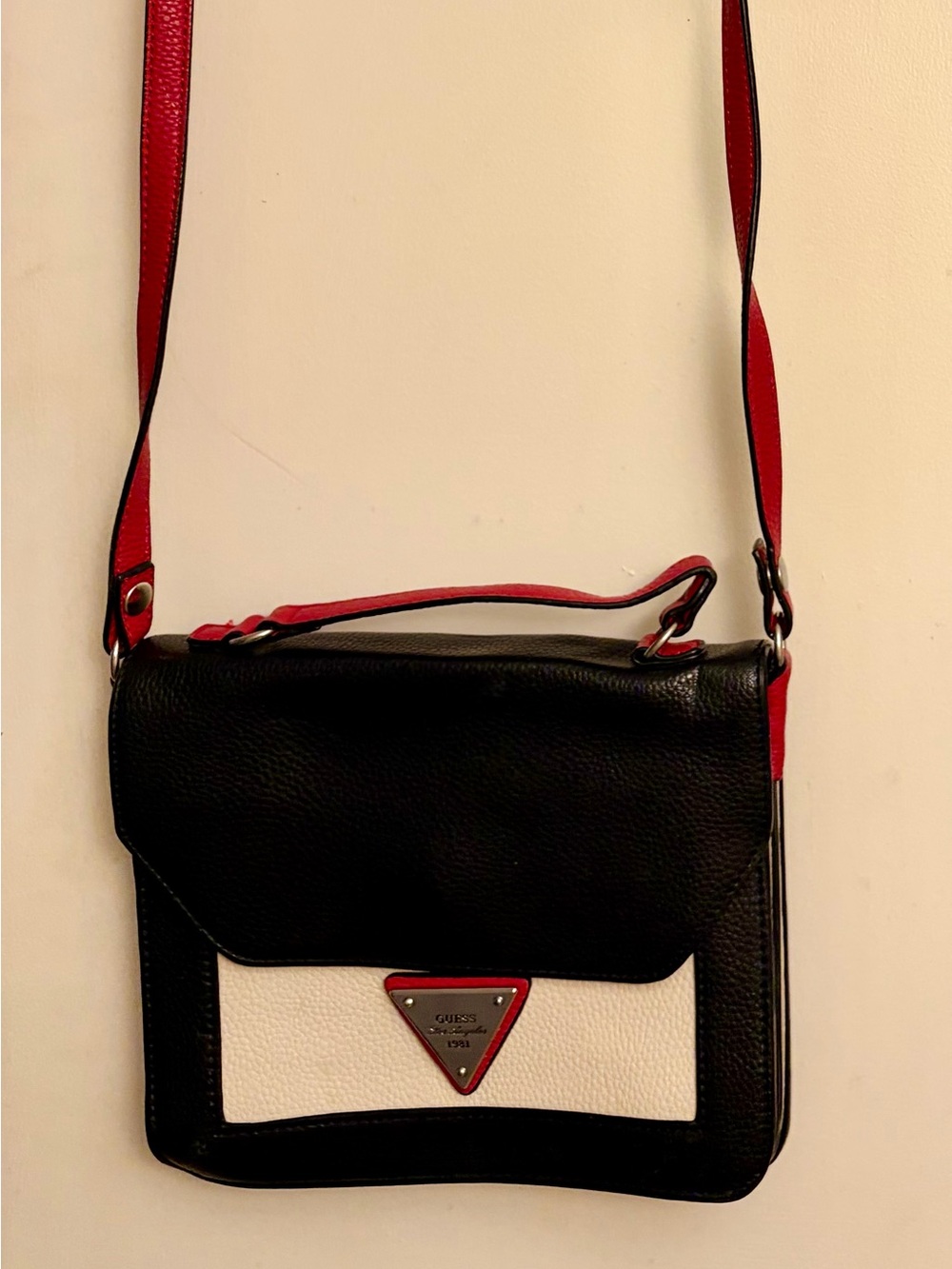 Guess Black, White & Red Leather Crossbody Bag